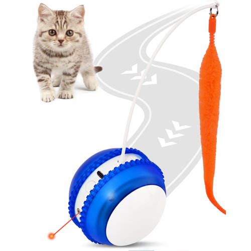 Petbobi Interactive Cat Toy Ball - Automatic Rolling Cat Laser Toys with 2 Fluffy Mice Tail, USB Rechargeable, Motion Activated Moving Ball Toy, Fast Rolling Ball for Indoor Cat, Simulation Bird Sound