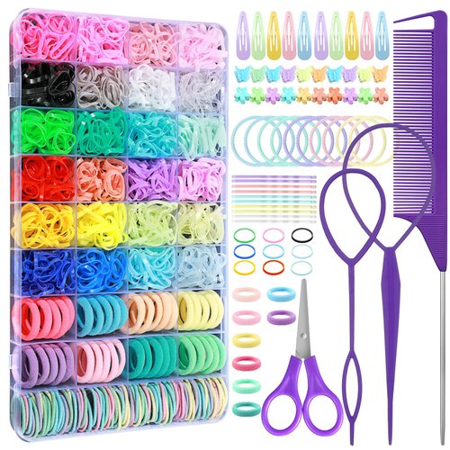 Auroray Hair Accessories for Girl, 1784 Pcs Elastic Hair Ties Set 24 Color Hair Rubber Bands with Organizer Box Cotton Baby Hair Ties Hair Styling Tool Set Baby Hair Clips Hair Elastic Cutter Scissor