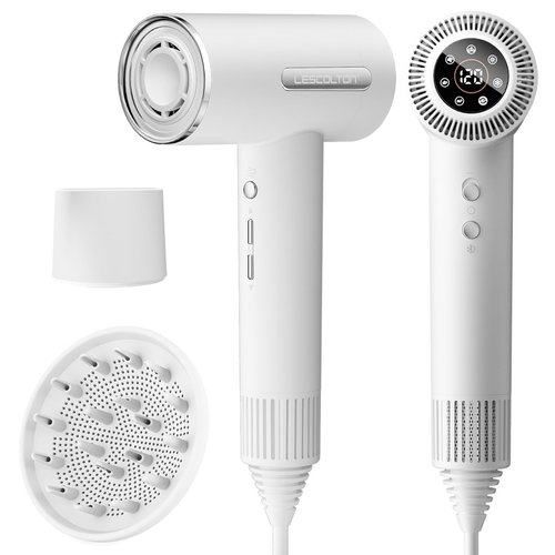LESCOLTON Hair Dryer, Lightweight Ionic Blow Dryer 110,000 RPM Brushless Motor 1400W Powerful High Speed, Diffuser & LED Display, 3 Air Speeds for Fast Drying, Low Noise for Home Travel (White)