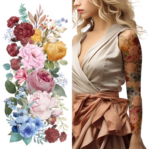 Supperb Temporary Tattoos - Hand drawn Colorful Watercolor Roses Bouquet, Vintage Floral Tattoos (Set of 2)