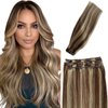 Clip in Hair Extensions Real Human Hair, 15 Inch 7PCS Human Hair Clip in Extensions Brown and Blonde Highlights Thick Full Brown Hair Extensions with Blonde Highlights Clip ins, Lightweight to Wear