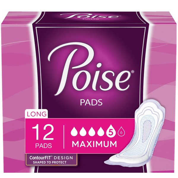 Poise Incontinence Pads, Maximum Absorbency, Long, 12 ct