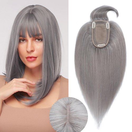 Rich Choices Hair Toppers for Women Real Human Hair 100% Human Hair Clip In On Hair Topper With Bangs Hand-made Top Hair Piece Middle Part With Thinning Hair #GREY 14'' 44g