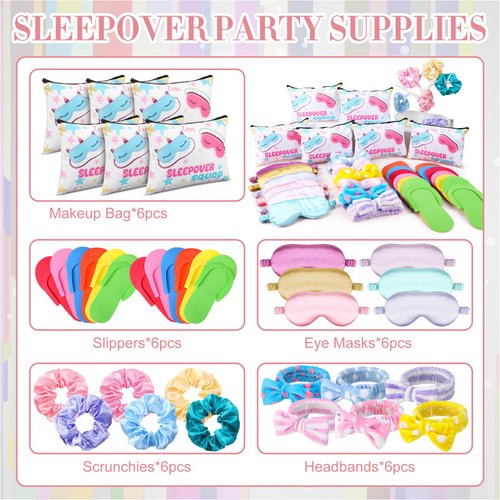 30 Pcs Sleepover Party Supplies for Girls, Spa Party Supplies Favors with 6 Spa Headband 6 Satin Eye Mask 6 Satin Hair Scrunchies 6 Makeup Bag 6 Slippers, Sleep Over Essentials Birthday Party Supplies