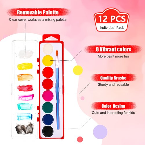 Watersay 12 Pack 8 Colors Watercolor Paint Set for Kids Washable Watercolor Paint with Paintbrush for Classroom School Birthday Art Activities Halloween Christmas Party Supplies(Red)