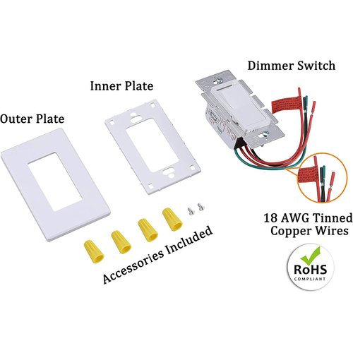 Cloudy Bay in Wall Dimmer Switch for LED Light/CFL/Incandescent,3-Way Single Pole Dimmable Slide,600 Watt max,Cover Plate Included