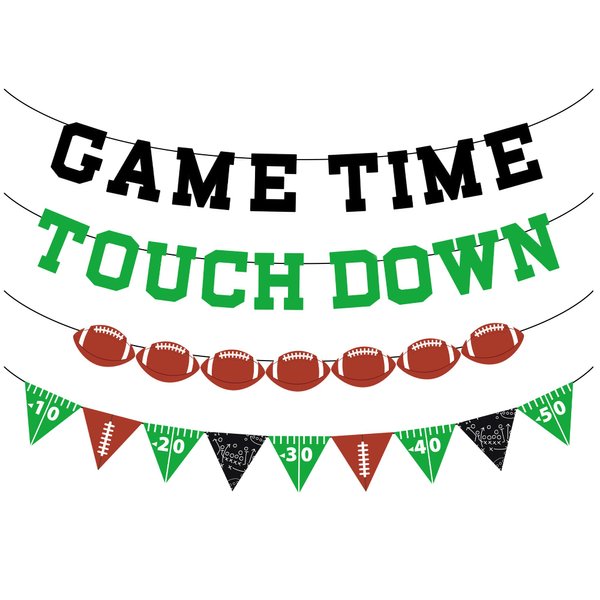 Qyeahkj 4Pcs Football Party Decoration Pre-Strung Game Time Football Banner NO DIY Football Pennant Banner Sports Party Supplies Favors for Tailgate Birthday Game Day Sports Party Decoration