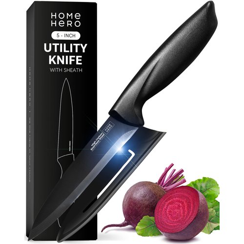 Home Hero 2 Pcs Vegetable Knife with Sheath - High Carbon Stainless Steel Chopping Knife with Ergonomic Handle - Razor-Sharp Multi-Purpose Kitchen Knife for Chopping Vegetable and Cooking (Black)