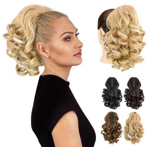 Adancyler Ponytail Extension,12" Claw Clip in Short Curly Wavy Ponytail Hair Extension Jaw Clip on Pony Tail Synthetic Hairpiece for Women(Medium Blonde with Highlights)