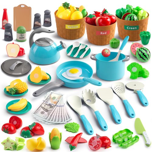 JokerKing 90Pcs Kitchen Playset Accessories, Pretend Cooking with Pots, Pans, Cookware, Food, Fruit, Veges, Color Sorting Baskets, Prop Money, Learning Gift for Girls Boys Toddlers (Turquoise)