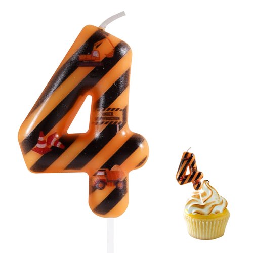 Construction 4th Birthday Candle, Yellow and Black Stripes Number 4 Cake Candle Birthday Cake Topper for Construction 4th Birthday Party Decorations