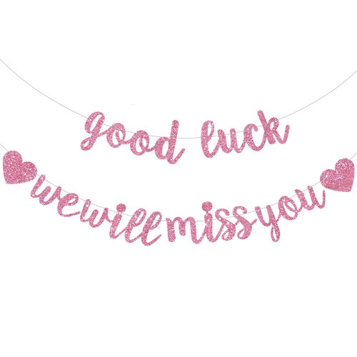 BEISHIDA Pink Good Luck We Will Miss You Banner,Pre-Strung Glitter Retirement Party Sign Garland,Going Away Farewell Party Decoration, Graduation Party Supplies (No DIY）