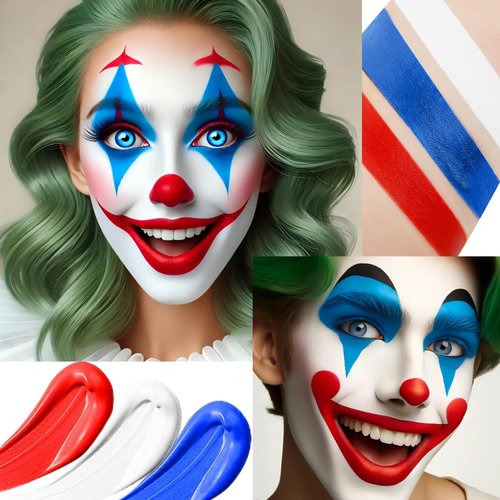 Red White Blue Face Paint DE'LANCI, Waterproof Halloween Blue Red White Face Makeup Special Effects Kit, Blue Athena Face Body Paint Professional, Joker Clown Corpse Bride Face Body Paint for Skin
