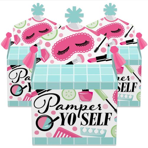 Big Dot of Happiness Spa Day - Treat Box Party Favors - Girls Makeup Party Goodie Gable Boxes - Set of 12