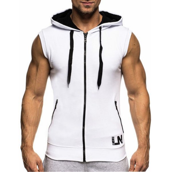 LemonGirl Mens Bodybuilding Sleeveless Hoodie Gym Tank Top,Medium,White