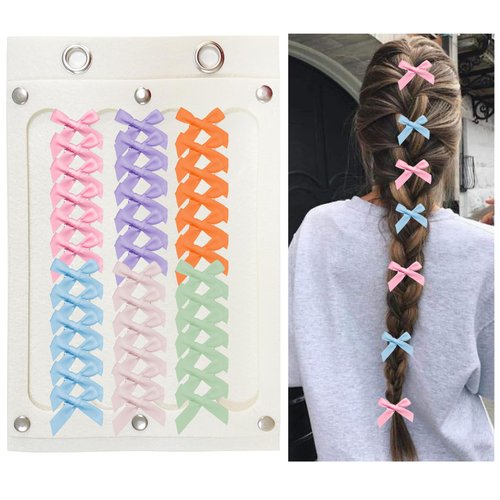 36Pcs Mini Bowknot Ribbon Barrettes with Hairclip Storage Orgnizer - Cute Claw Clip with 6 colors for Teens, Women & Girls (Beige, Pink, Blue,Light Green,Purple & Orange)