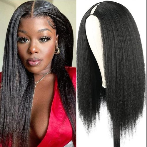 MARYLING Yaki Straight V Part Wig Kinky Straight Synthetic Wigs for Black Women Clip in Long Wavy Glueless V Shape Wigs Natural Looking No Leave Out Thin Part Wig