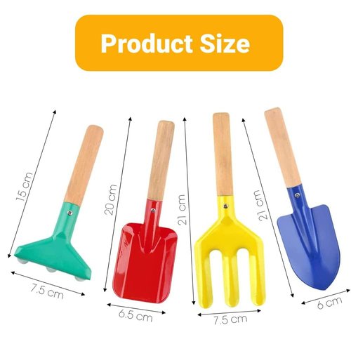 Beach Toys for Kids, 4 Pcs 8'' Sand Snow Toys Set Metal Garden Tools with Sturdy Wooden Handle, Gardening Equipment Fork, Rake, Flat Shovel & Pointed Shovel,Gifts for Children