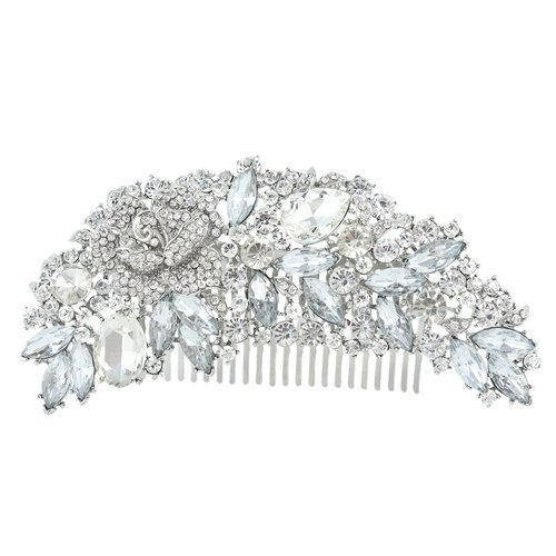 EVER FAITH Bridal Hair Accessories Crystal 5 Inch Bridal Rose Flower Bouquet Hair Side Comb Clear Silver-Tone For Women