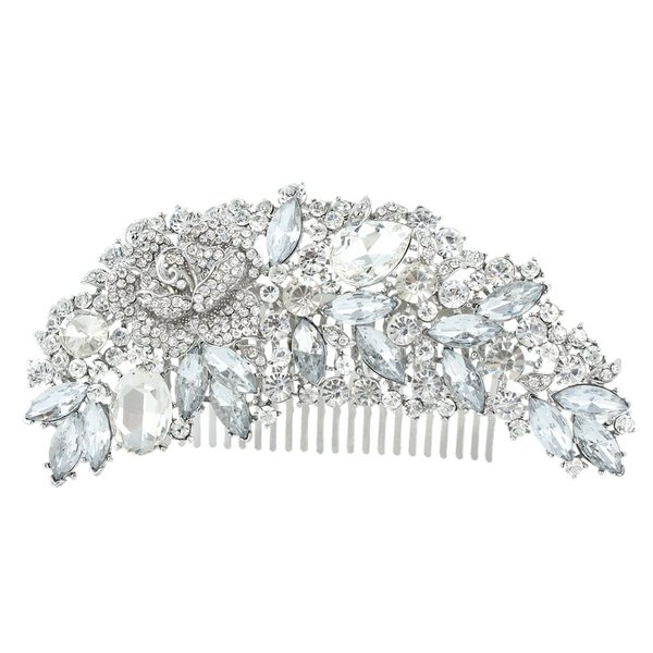 EVER FAITH Bridal Hair Accessories Crystal 5 Inch Bridal Rose Flower Bouquet Hair Side Comb Clear Silver-Tone For Women