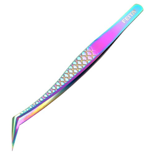 FEITA Diamond Grip Eyelash Extensions Tweezer Lash Precision Tweezers, Japanese Steel Angled Tip, False Lashes Application Tools, Multi-color 1Pc