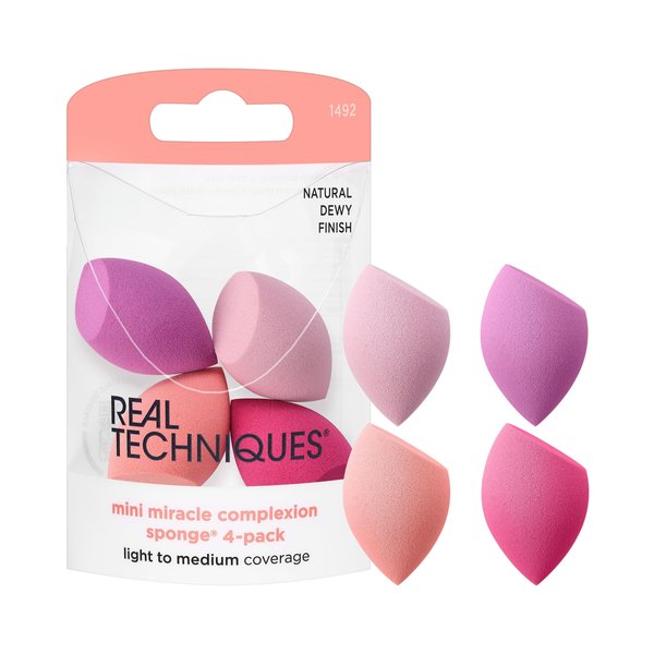 Real Techniques Mini Miracle Complexion Sponge 4 Pack, Small Makeup Blending Sponges, For Foundation & Concealer, Mini Size for Under Eyes & Touch-Ups, Travel Friendly, Natural Makeup, Latex-Free