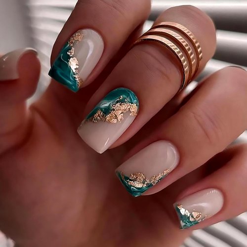Nude Press on Nails Medium Coffin Fake Nails Green French Tip False Nails With Gold Foil Designs Full Cover Stick on Nails Square Acrylic Artificial Nails Stick on Nails for Women Girls 24Pcs