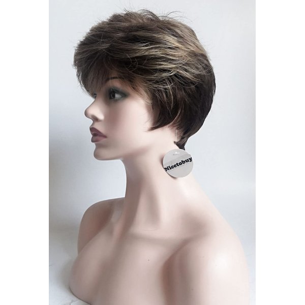 Nicetobuy Umeet Short Fluffy Straight Bob Synthetic Wigs Mix Blonde Hair Wig with Flat Bangs for Women
