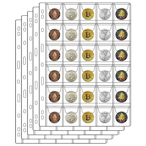 30-Pocket Coin Pages for Collectors, Standard 9-Hole Coin Collection Pages fit Most Binder, Coin Collecting Supplies, Coin Sleeves for Coin, Stamp, Badges etc (30 Pocket - 5 Sheets)
