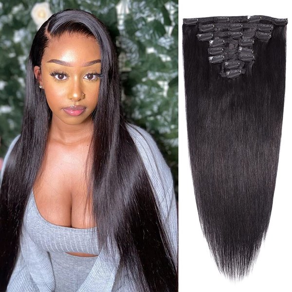 Alisfeel Seamless Clip In Human Hair Extensions 10A Brazilian Straight Clip In Hair Extension Human Hair for Black Women Unprocessed Seamless Clip Ins 135g 8 Pieces/Pack (20 Inch, Straight)