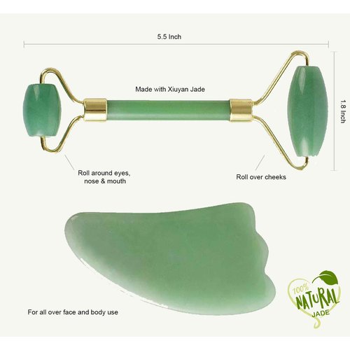 IDB Jade Roller and Gua Sha Skin Detox Set for Beautiful Skin - Advanced Facial Body Eyes Neck Massager Tool To Help Reduce Wrinkles and Aging - Original Natural Jade Stone with Bag