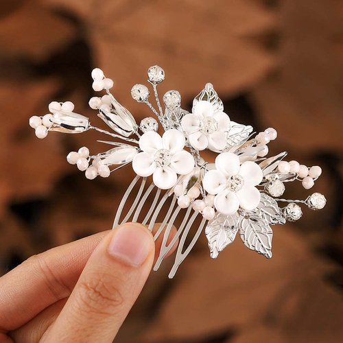 Casdre Flower Bride Wedding Hair Accessories Silver Leaf Bridal Hair Comb Side Comb Crystal Rhinestone Hair Piece for Women and Girls
