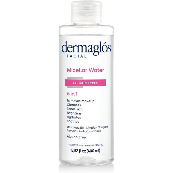 Dermaglós Micellar Water for All Skin Types Even Sensitive | All In 1 Hydrating Facial Cleanser & Makeup Remover, Brightening, Soothing, Gentle Face Toner | Alcohol-Free Formula | 13.52 Fl Oz
