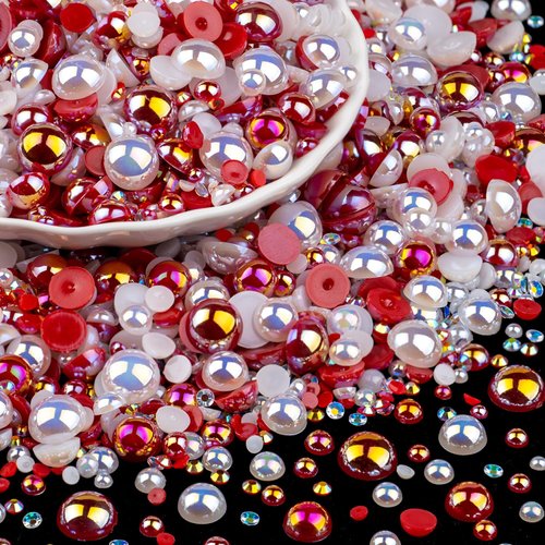 100g Flatback Pearls and Rhinestones Set 9-White&Red, Mixed Size 3-10mm Resin Rhinestones and Half Pearls for Nail Art and Crafts and Decoration with Tweezer and Pickup Pencil