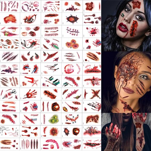 60 PCS Halloween Makeup Face Tattoos Halloween Prank Makeup Scary Fake Tattoos Scar Face Decals P...