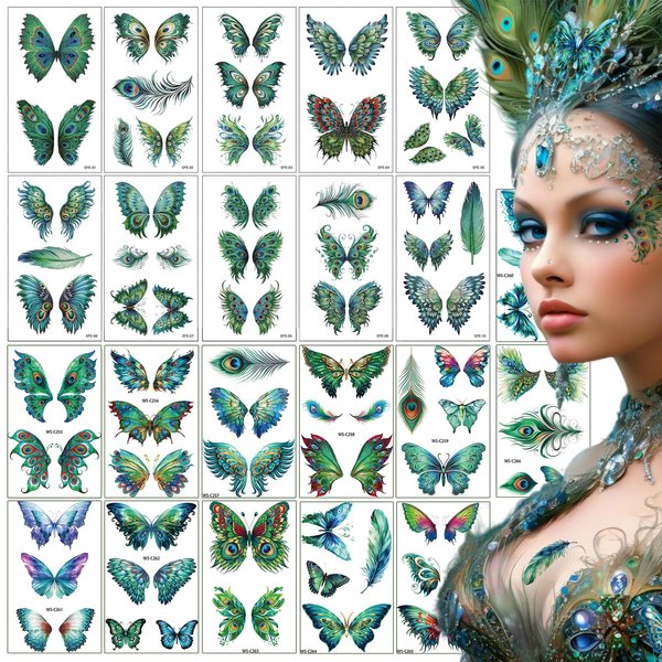 22Sheets Glitter Butterfly Temporary Tattoos Sticker for Eye Face Makeup Green Blue Flash Fairy Body Art Shiny Peacock Pattern Butterflies Waterproof Fake Tattoos for Women Girls Rave Festival Party