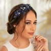 Formery Handmade Blue Flowers Headband Crystal Floral Hairband Wedding Prom Party Copper Wire Flower Bead Headpiece for Women and Girls