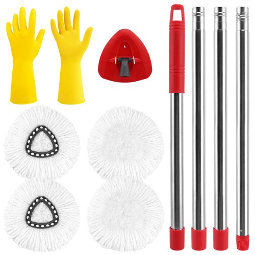 4 Pack Mop Replace Head with Base and Handle Compatible with O-Ceda EasyWring Spin Mop Heads Replacements, Microfiber Spin Mop Refills Replacement Heads, 30-58in Mop Handle and 1 Mop Base Combo Set