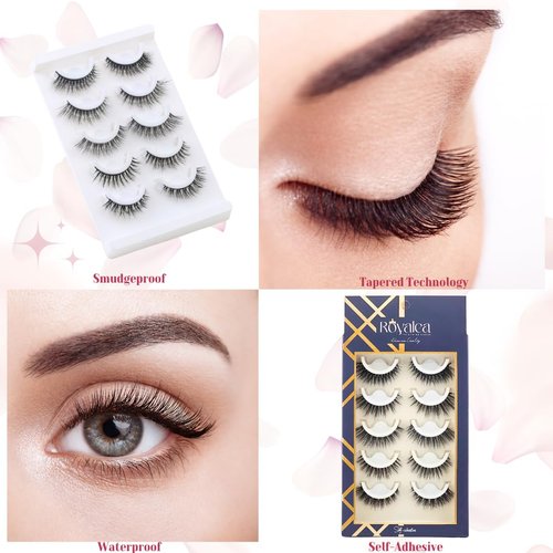 Natural Fiber Self-Adhesive Eyelashes Gift Set - Handmade Vegan Lashes for Beginners, Easy to Use Wispy Falsies -Doll and Cat Eye Lashes, Reusable Strip Lashes by Royalea (5-Pair Variety Pack)