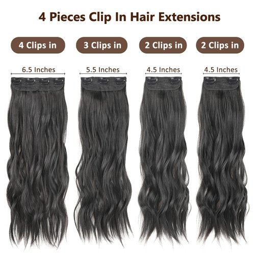 ZRQ Clip in Hair Extensions 4PCS 20 Inch Clip Ins Long Wavy Curly Hair Extension Soft Synthetic Hair Extension Fiber Thick Hairpieces (1B#, 20 Inch)