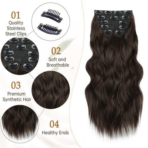 Vigorous Clip in Hair Extensions 20Inch Dark Brown Hair Extensions Clip Ins 6Pcs Long Wavy Soft Synthetic Hairpieces for Women(Dark Brown)