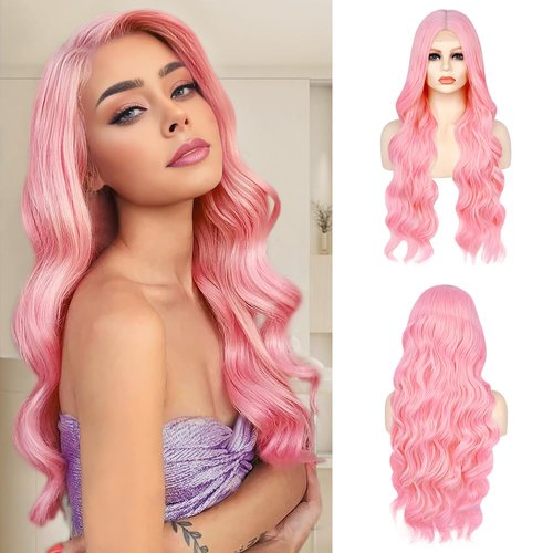 Ninroc Pink Wigs For Women, Long Wavy Pastel Pink Wig Middle Part Natural Looking Heat Resistant ...