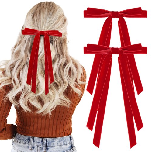2PCS Velvet Hair Bows Ribbon Hair Clip Red Ponytail Holder Accessories Slides Metal Clips Hair Bow for Women Girls Toddlers Teens Kids