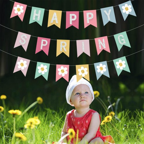 Happy Spring Banner Flower Banner Colorful Glittery Spring Flower Banner Garland Felt Decor Daisy Party Decorations Spring Flower Banner for the Home Indoor Outdoor Mantel Fireplace
