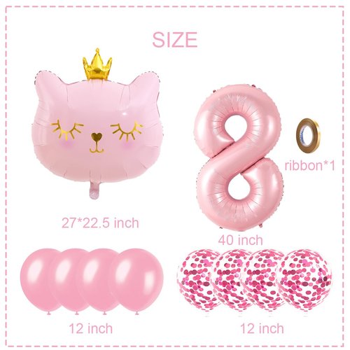 Cat Birthday Decorations, Cat Balloons, Pink 8 Balloon Number, Cat Themed Birthday Party Decorations, Number 8 Balloon for Pink Birthday Decorations