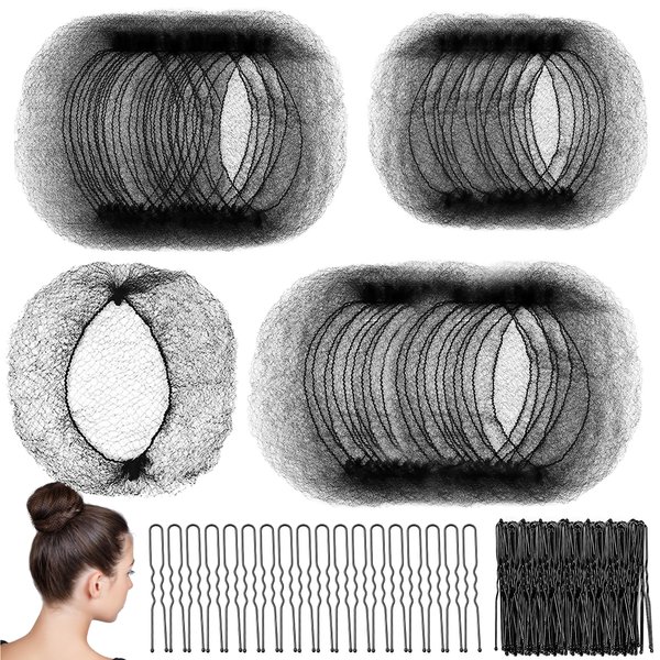 Japior 400 Pcs Hair Nets for Women Hair Net Food Service and U Shape Pins Elasticity Invisible Elastic Mesh Wig Nets for Hair Bun Sleeping Kitchen Dance (12in, 20in, 28in)