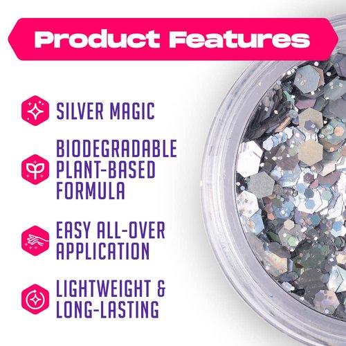 Silver Biodegradable Glitter Makeup | Plant Based, Eco Friendly, Hair Glitter, Face Glitter or Body Glitter | Cosplay, EDM, Music Festival and Rave Makeup Accessory | 5 Grams of Chunky Glitter