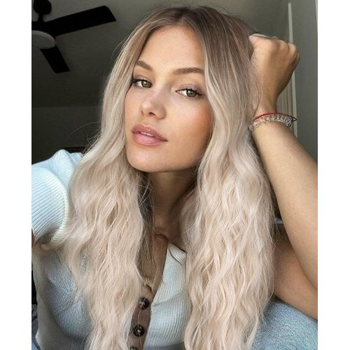 vedar 613 Synthetic Blonde Wig, Loose Curly Blonde Wigs, Ombre Brown Platinum Blonde Lace Wig for Women Blonde Hair Wig,Aesthetic Wig Shoulder Length 18 inch VEDAR-031-18