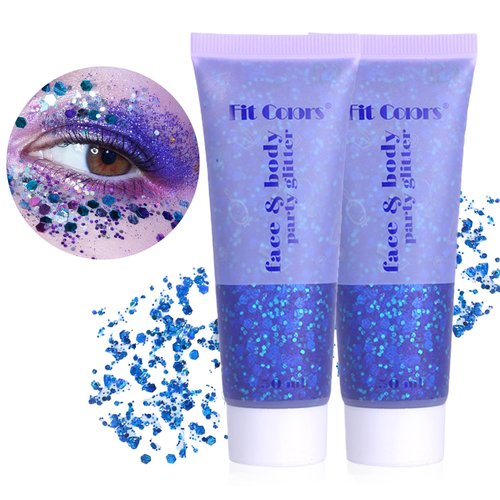2 Pcs Blue Face Body Glitter, Face Glitter Gel for Singer Concerts Festival Rave Accessories, Long Lasting Chunky Sequins Glitters for Eye Lip Hair Nails, Sparkling Glitter Face Makeup 100ml (Blue)