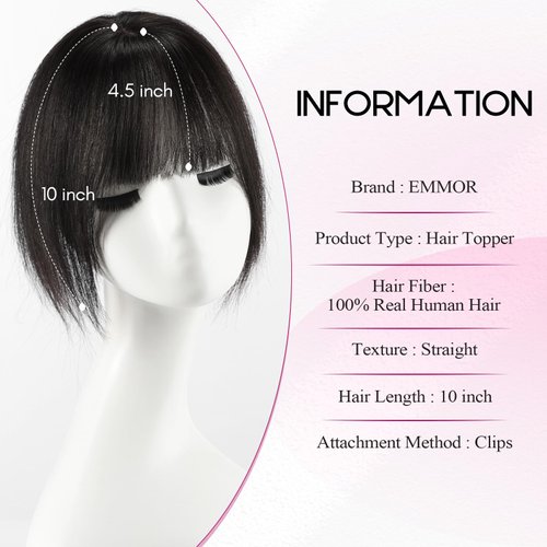 EMMOR 10 Inch Clip in Bangs, 100% Human Hair Bangs Hair Clip with 3 Secure Clips, 360°Cover Top HairPieces with Wispy Fringes for Women enhancing Facial Features(Black)